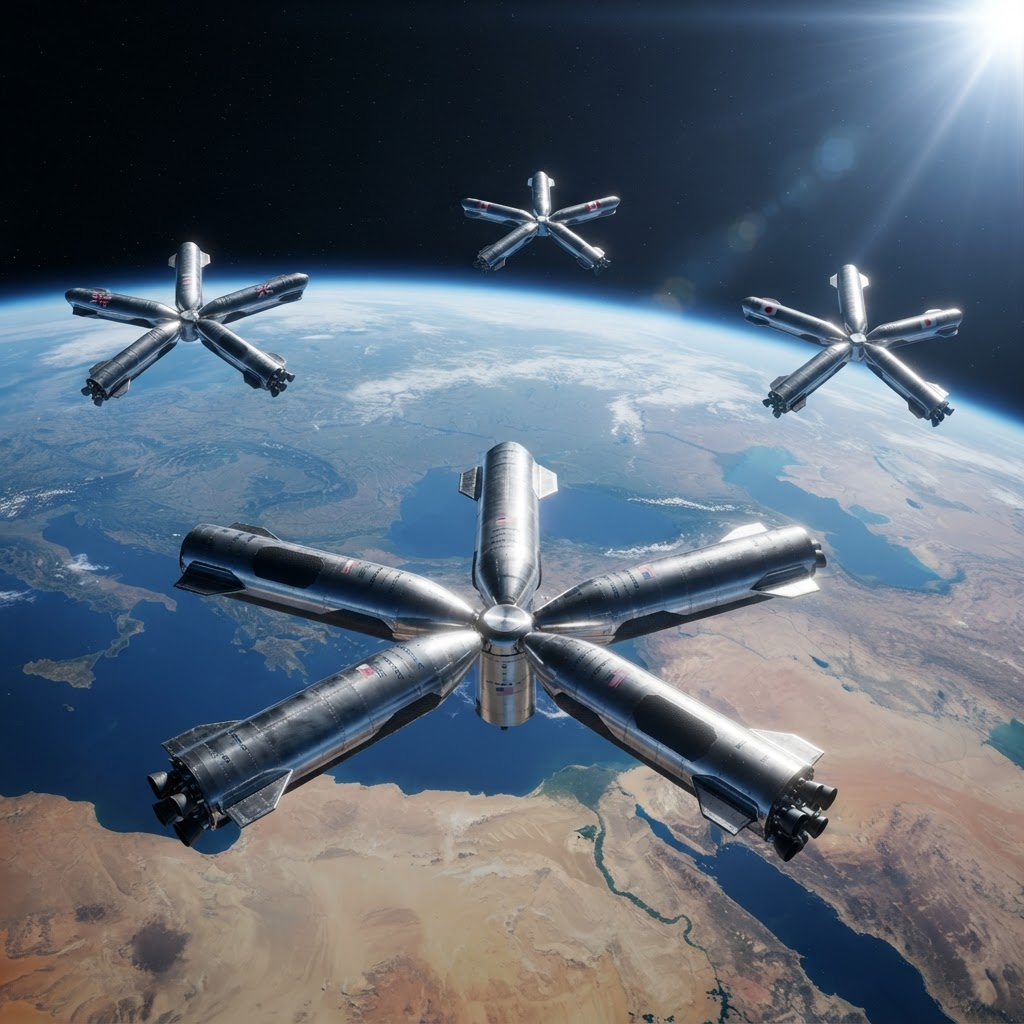 Multiple five-Starship Oakheart clusters spread across low Earth orbit, forming a larger constellation of stations above Earth