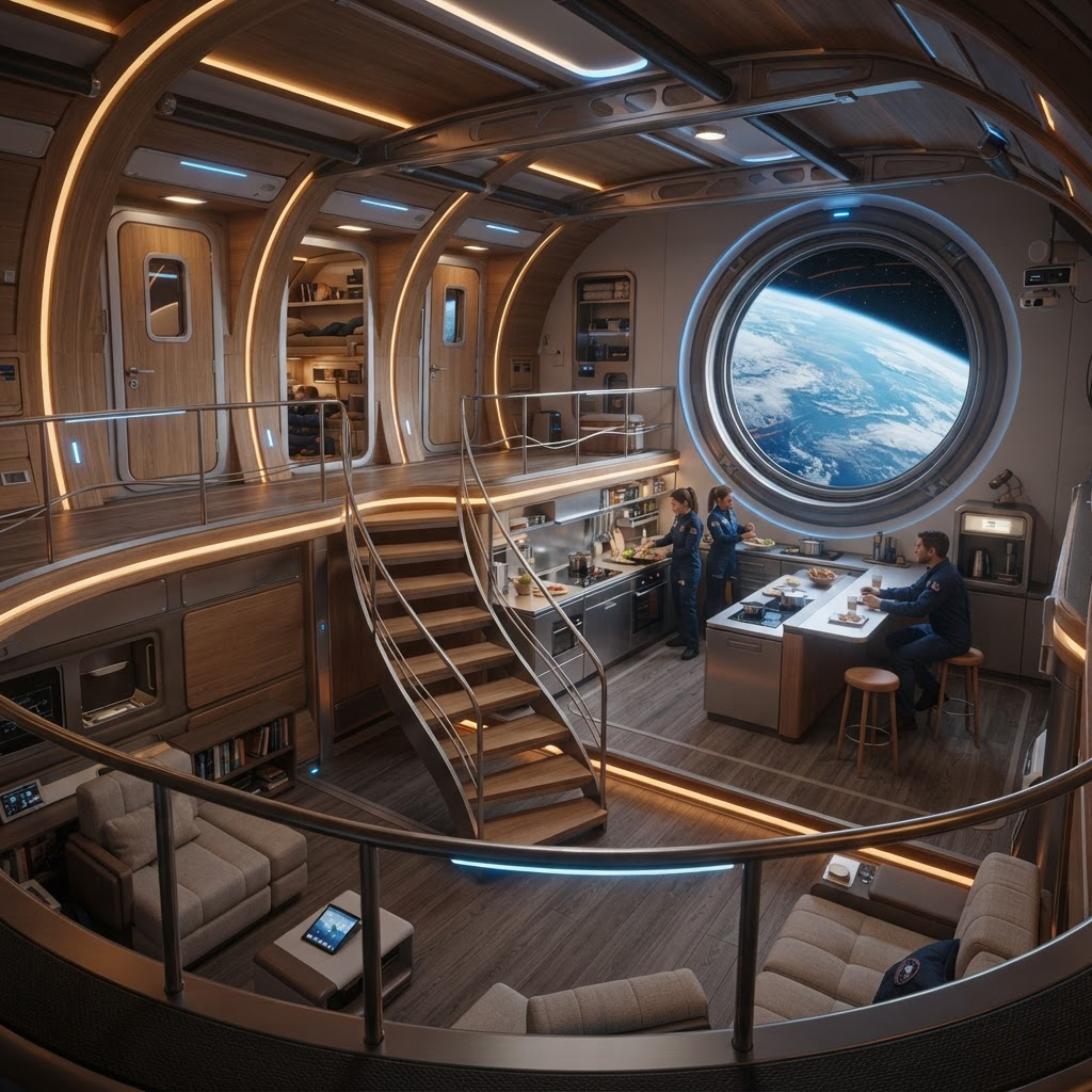Warm multi-level Starship habitat interior with wood paneling, a spiral staircase, a galley, and crew sharing a meal beside a large porthole overlooking Earth