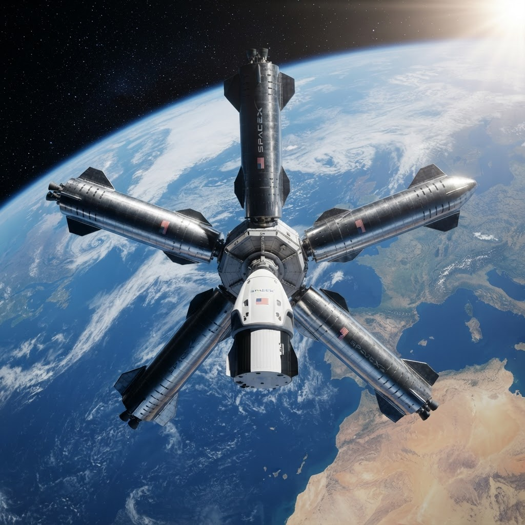 Five SpaceX Starships nose-docked around the Oakheart with a white Dragon capsule docked to the Oakheart's front face above Earth