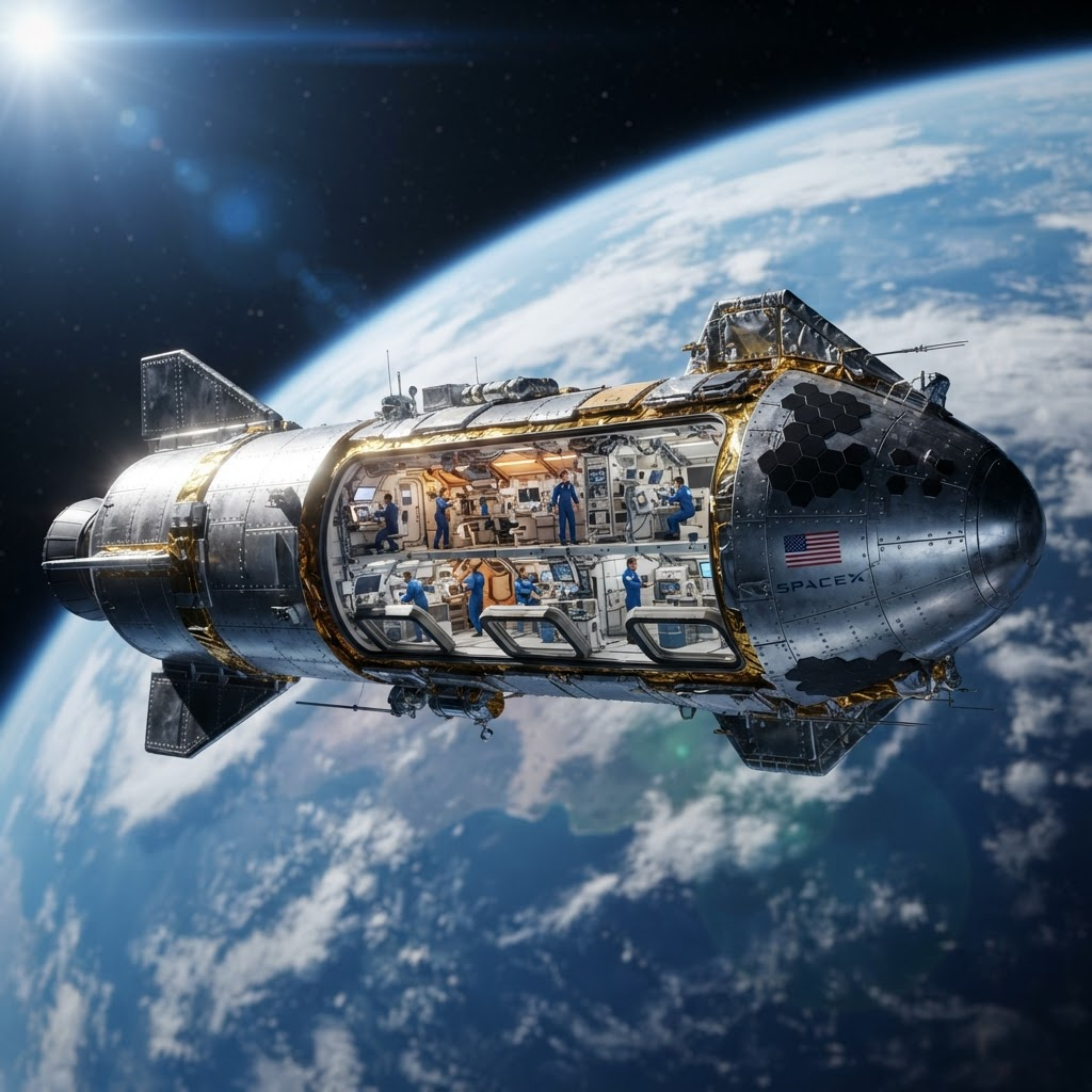 A single SpaceX Starship reinvented as an orbital laboratory, hull hardened against micrometeoroids and radiation, mid-body cut away to reveal science and medical research decks above Earth