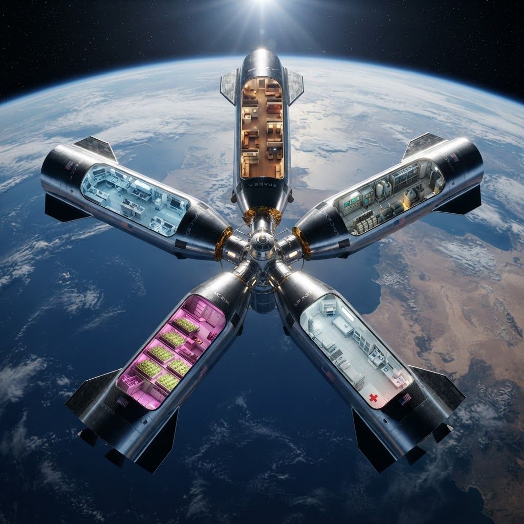 Five reusable ships docked radially around the Oakheart, each converted into a different specialized module — medical, habitat, science, laboratory, and provisions — above Earth
